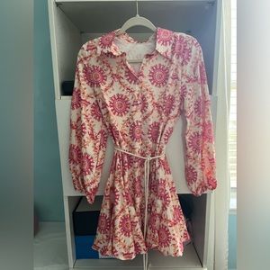 All over print godet hem belted shirt dress
